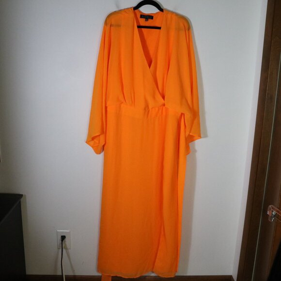 Eloquii Surplice Bodice Maxi Dress Womens 20 Tangerine Orange Long Sleeve Flowy - Picture 2 of 8